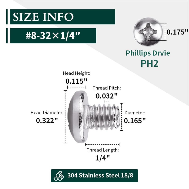 EASTLO #8-32 x 1/4" Pan Head Machine Screw, Phillips Drive, 304 Stainless Steel 18-8, Bright Finish, Fully Machine Thread, 100 Pcs - Image 3